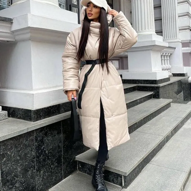 Hooded PU Leather Parkas Women Fashion Tie Belt Coats Women