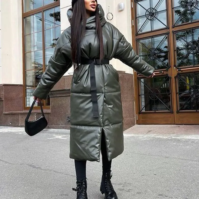 Hooded PU Leather Parkas Women Fashion Tie Belt Coats Women