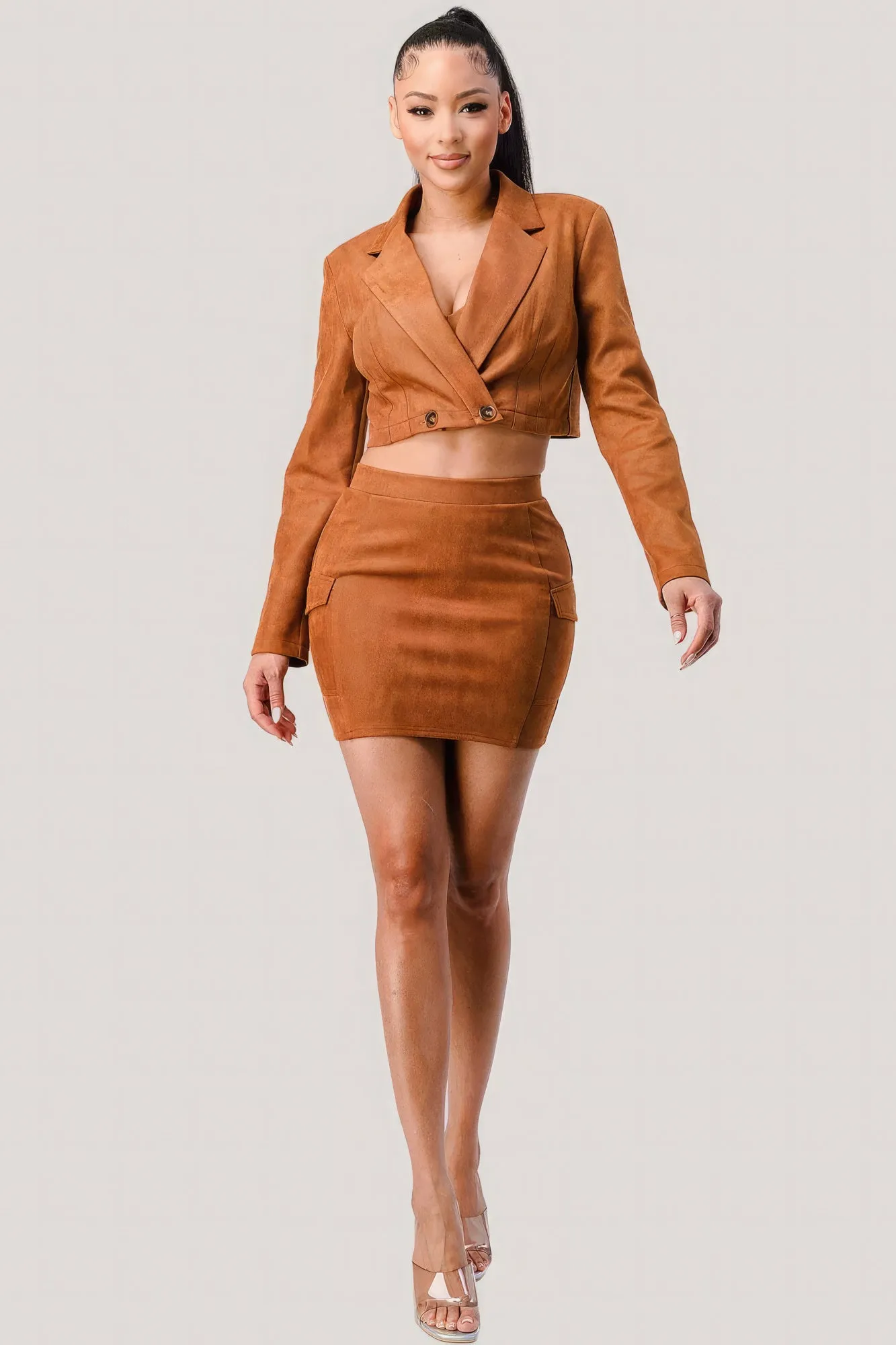 Hot Girl Bralette With Cropped Blazer Jacket & Mini Skirt 3 Piece Set In Camel