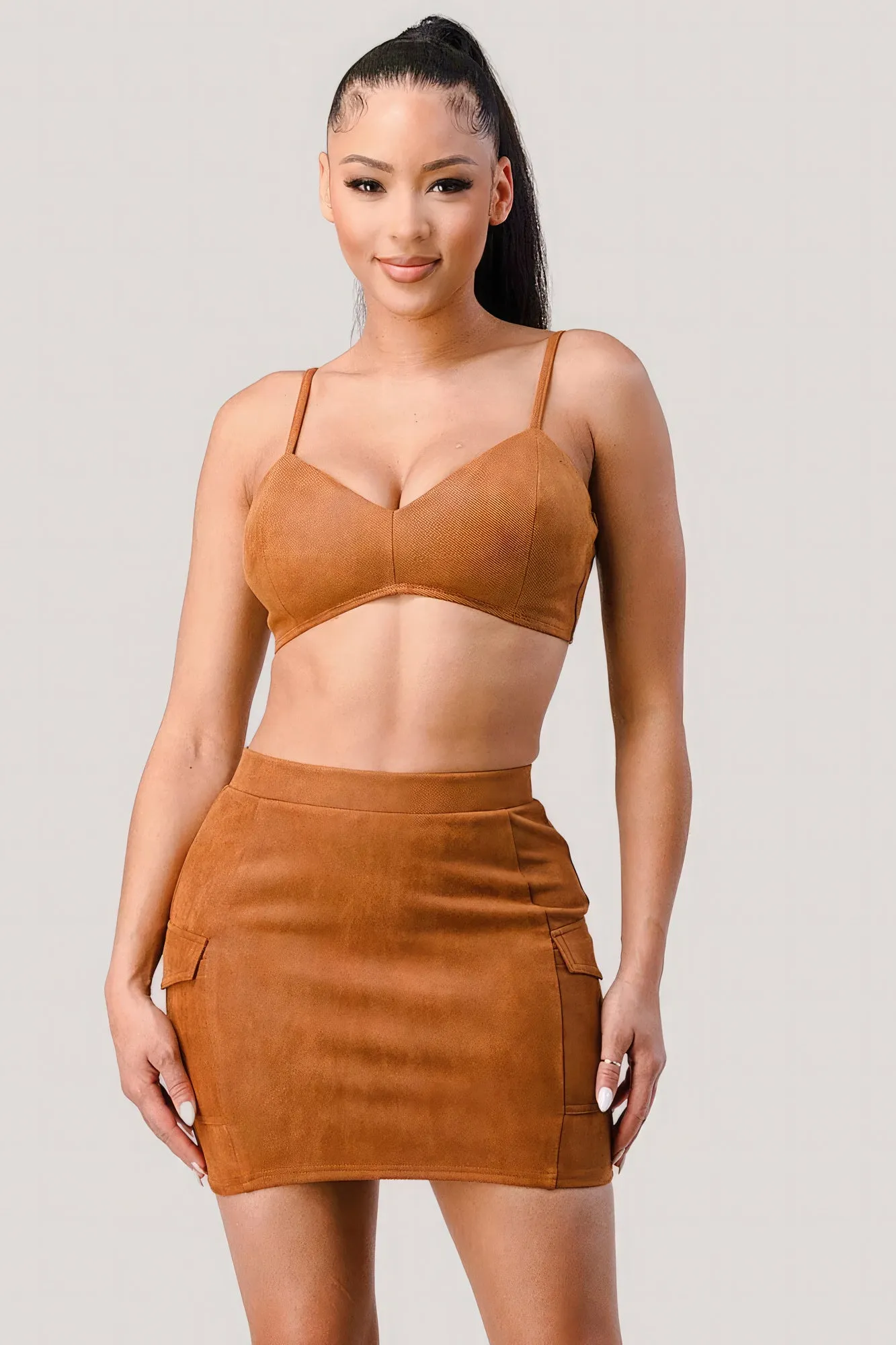 Hot Girl Bralette With Cropped Blazer Jacket & Mini Skirt 3 Piece Set In Camel