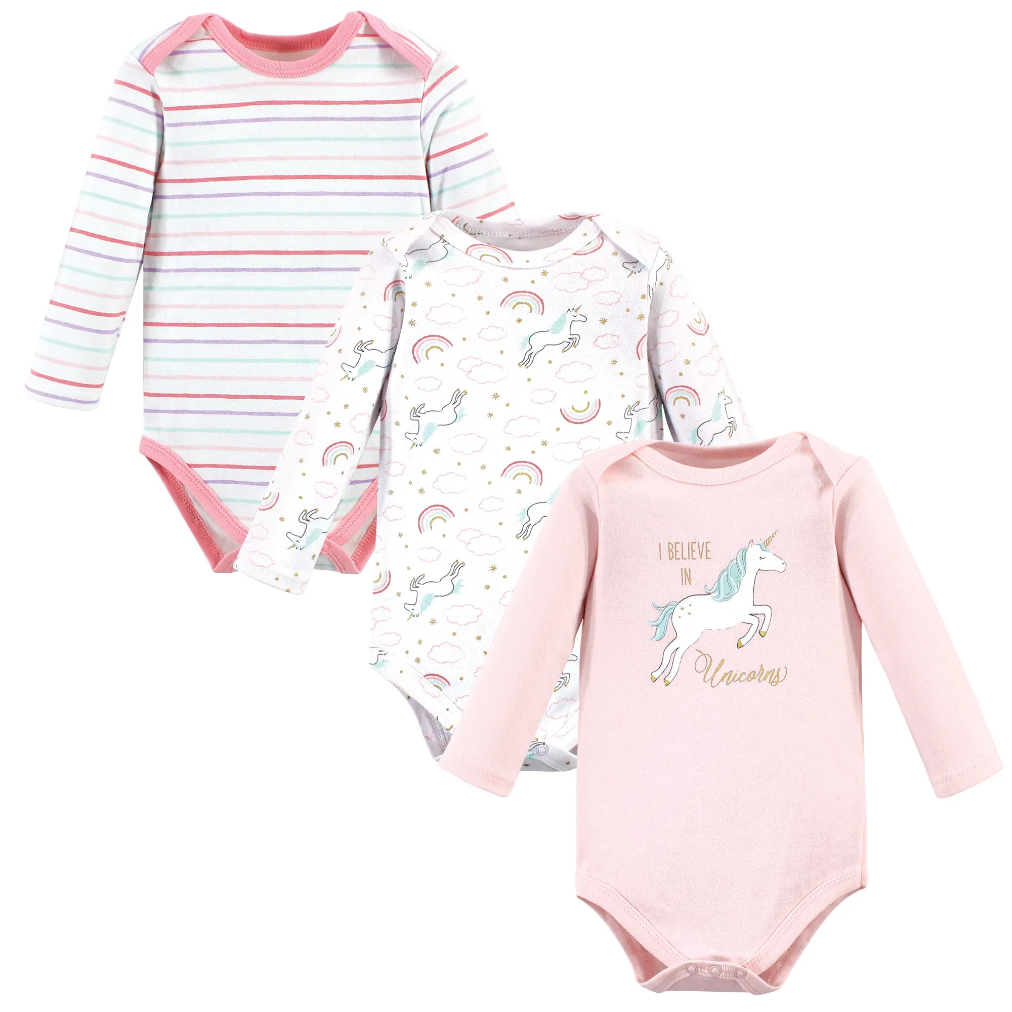 Hudson Baby Cotton Long-Sleeve Bodysuits, Glitter Unicorn 3-Pack