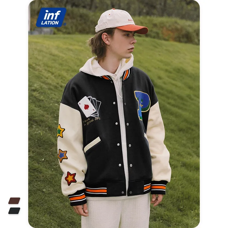 INFLATION Streetwear Vintage Baseball Jacket Men High Quality Towel Embroidery Jacket Couple Fleece Bomber Coat