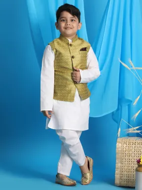 Jashvi Boys Yellow Woven Design Nehru Jacket With White Kurta And Pyjama Set