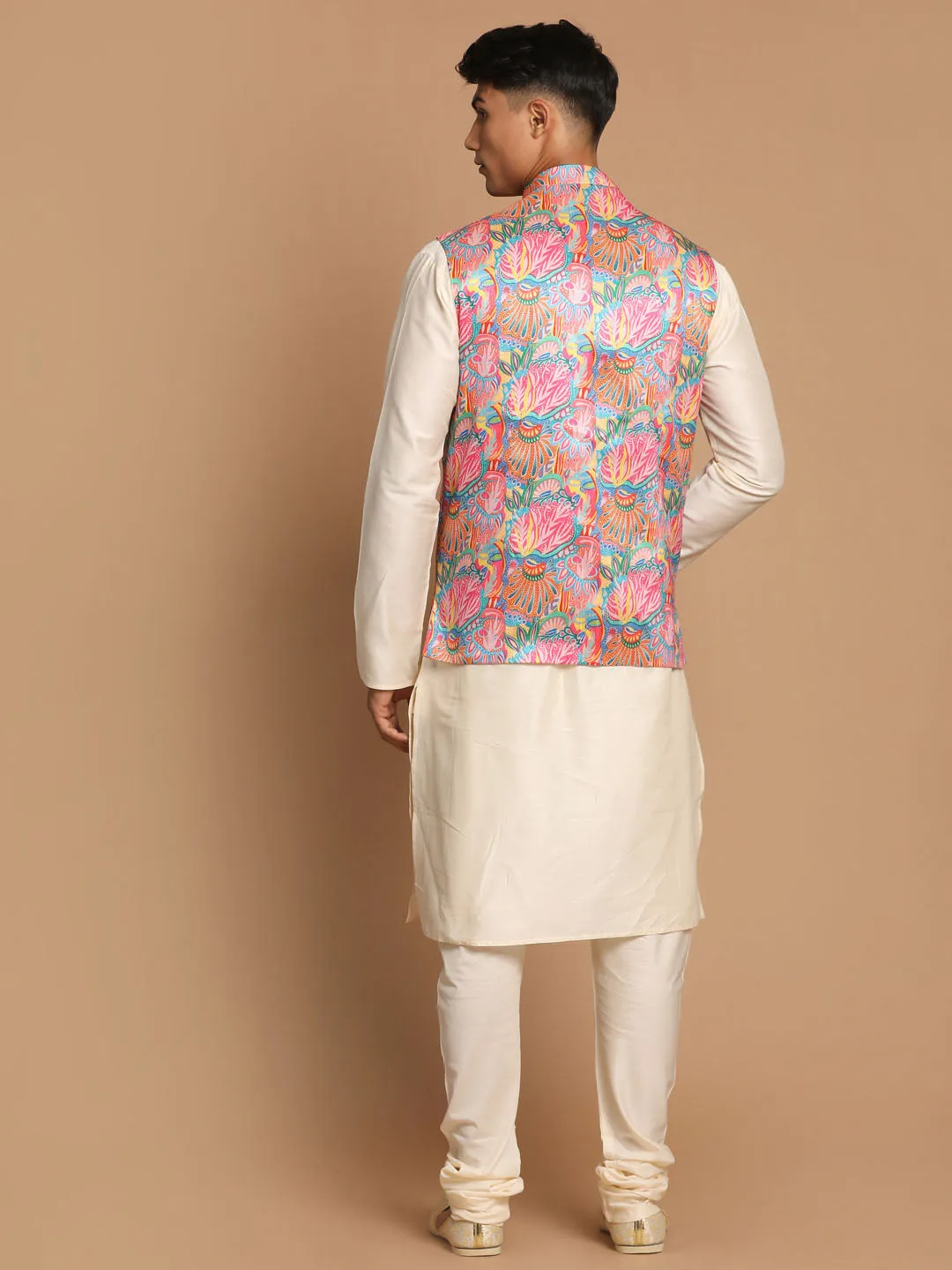 Jashvi Men's Multi-Color Printed Nehru Jacket With Solid Kurta & Pyjama Set