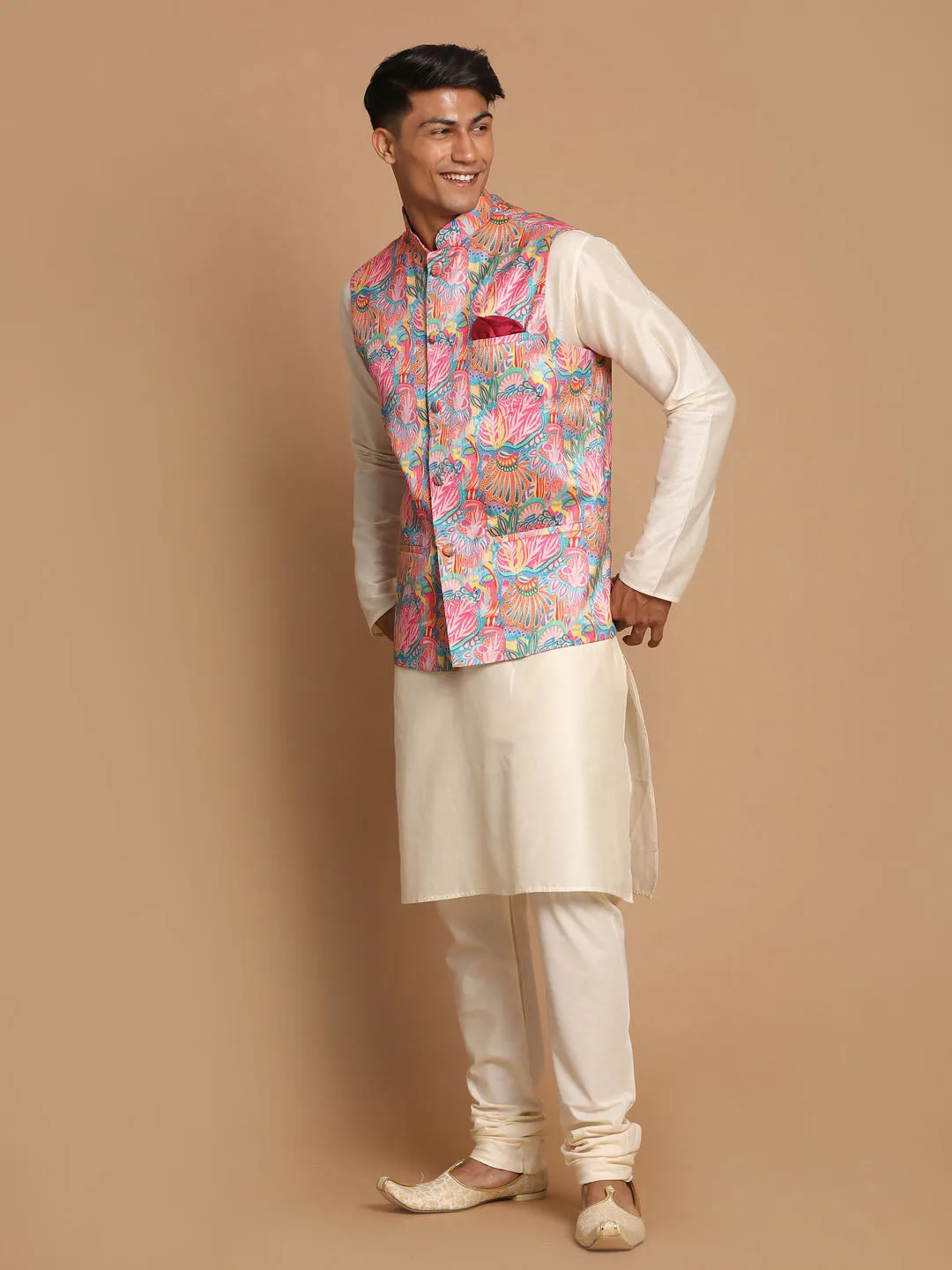 Jashvi Men's Multi-Color Printed Nehru Jacket With Solid Kurta & Pyjama Set