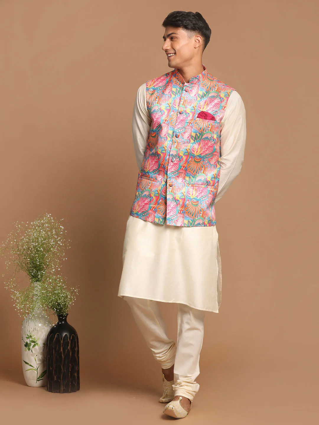 Jashvi Men's Multi-Color Printed Nehru Jacket With Solid Kurta & Pyjama Set