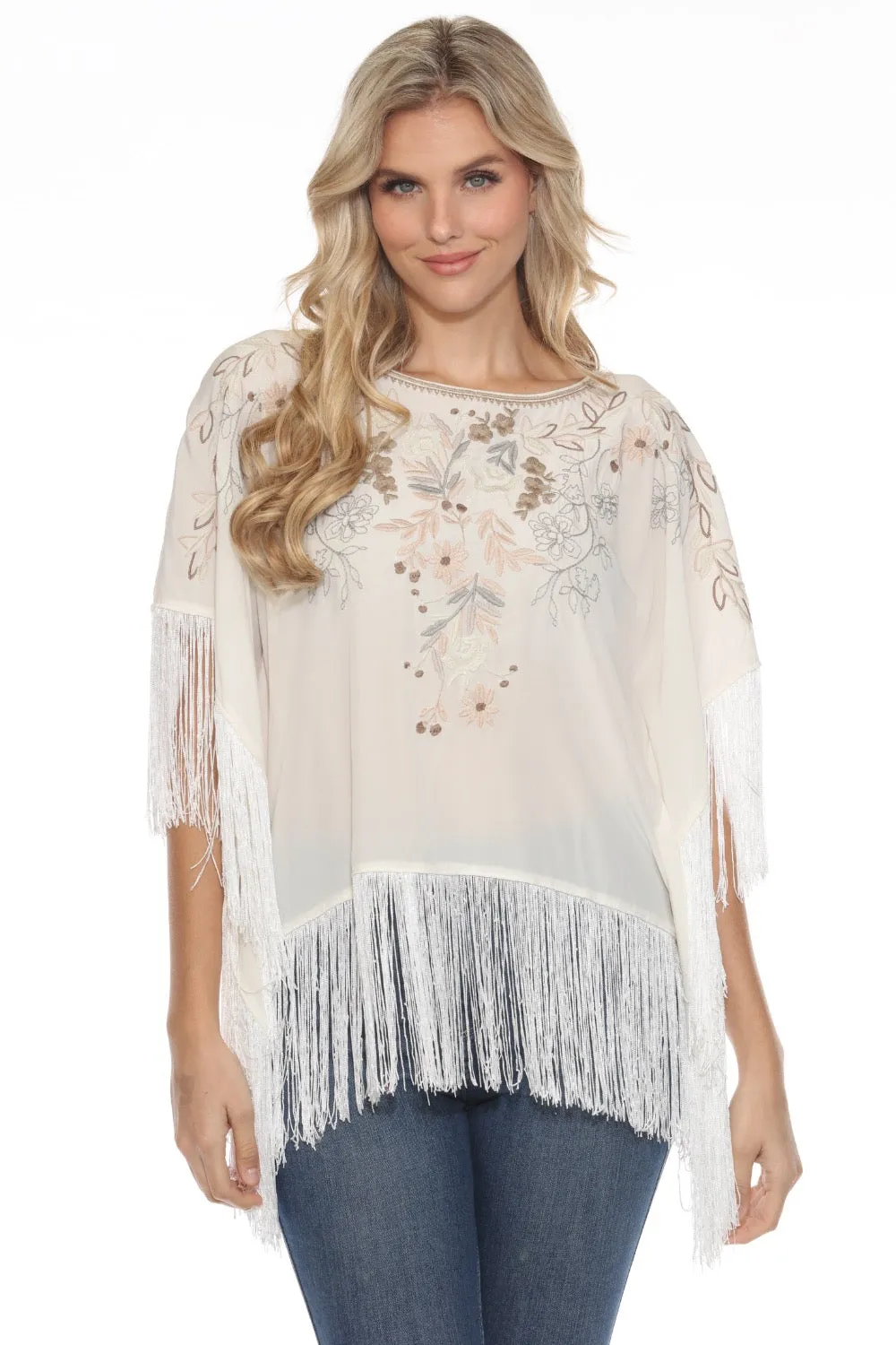 Johnny Was Ivory Embroidered Fringe Poncho Top R17923A5