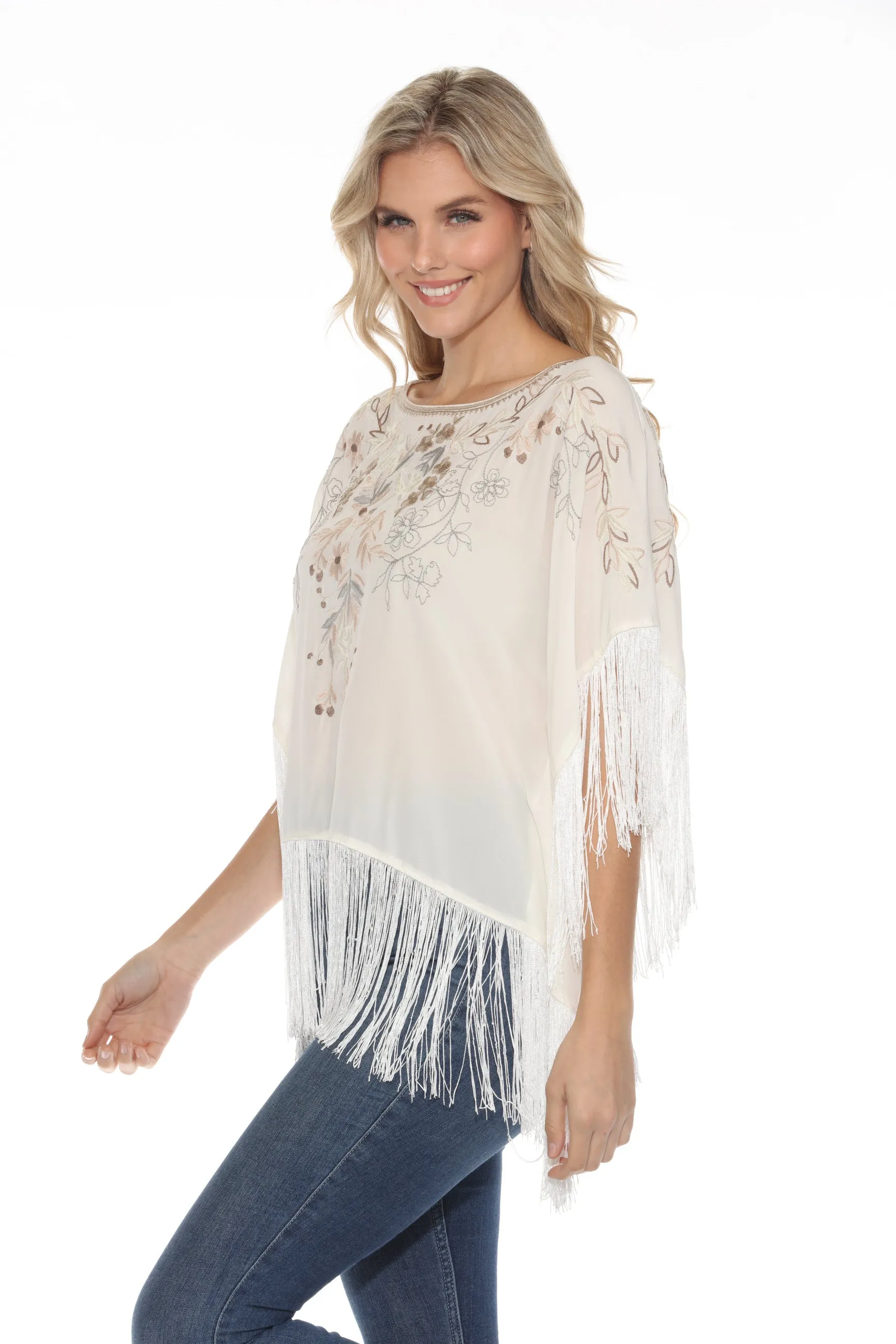 Johnny Was Ivory Embroidered Fringe Poncho Top R17923A5