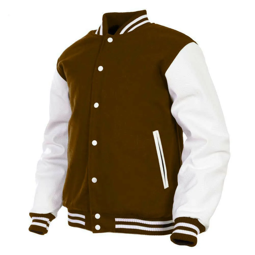 Kids Varsity Jacket Genuine Leather Sleeve and Wool Blend Letterman Boys College/School Varsity Jackets Brown/White