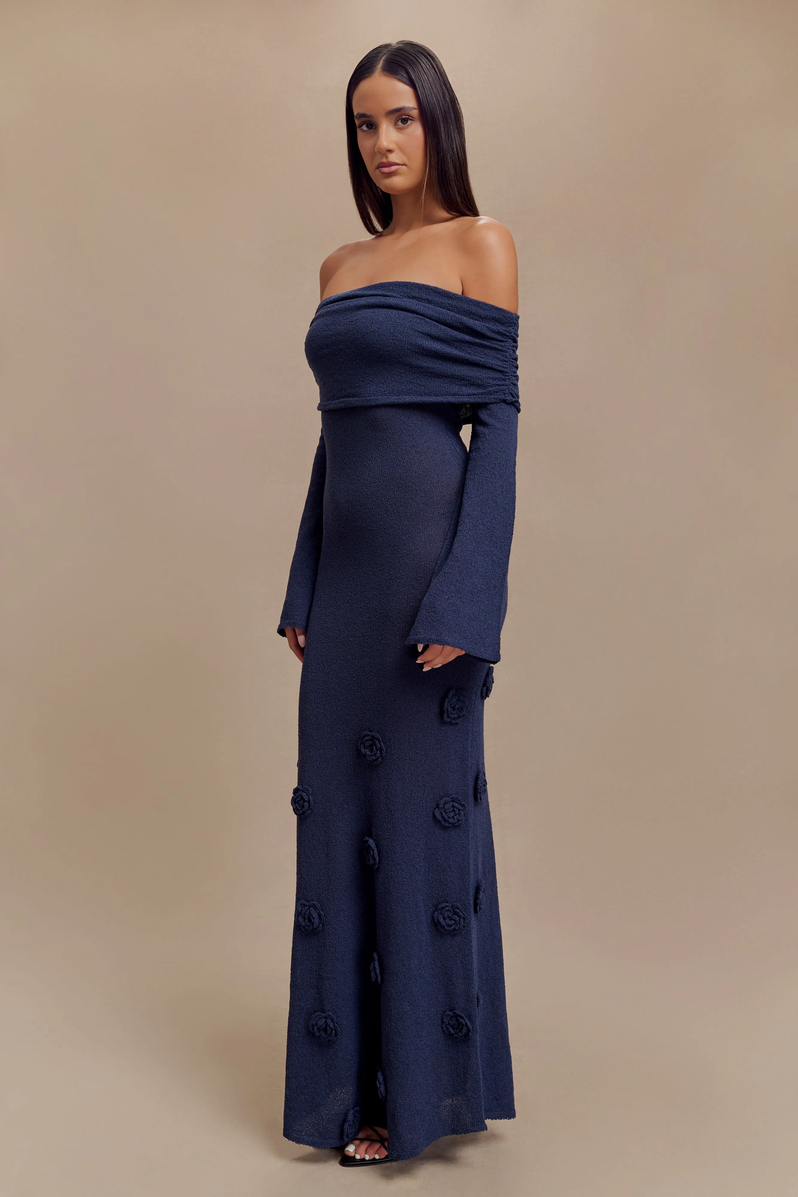 Kiki Off Shoulder Knit Rose Maxi Dress - Navy