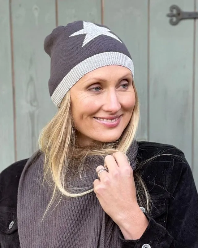 Knitted Cotton Lurex Star Beanie - Charcoal/Pale Grey