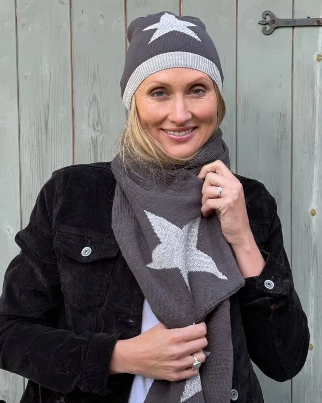 Knitted Cotton Lurex Star Beanie - Charcoal/Pale Grey