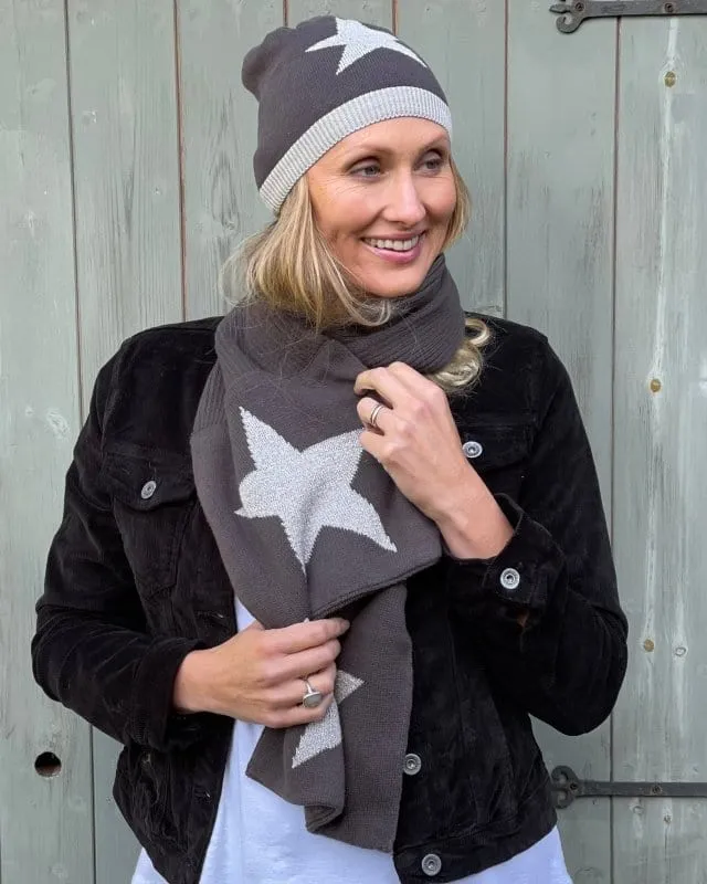 Knitted Cotton Lurex Star Beanie - Charcoal/Pale Grey