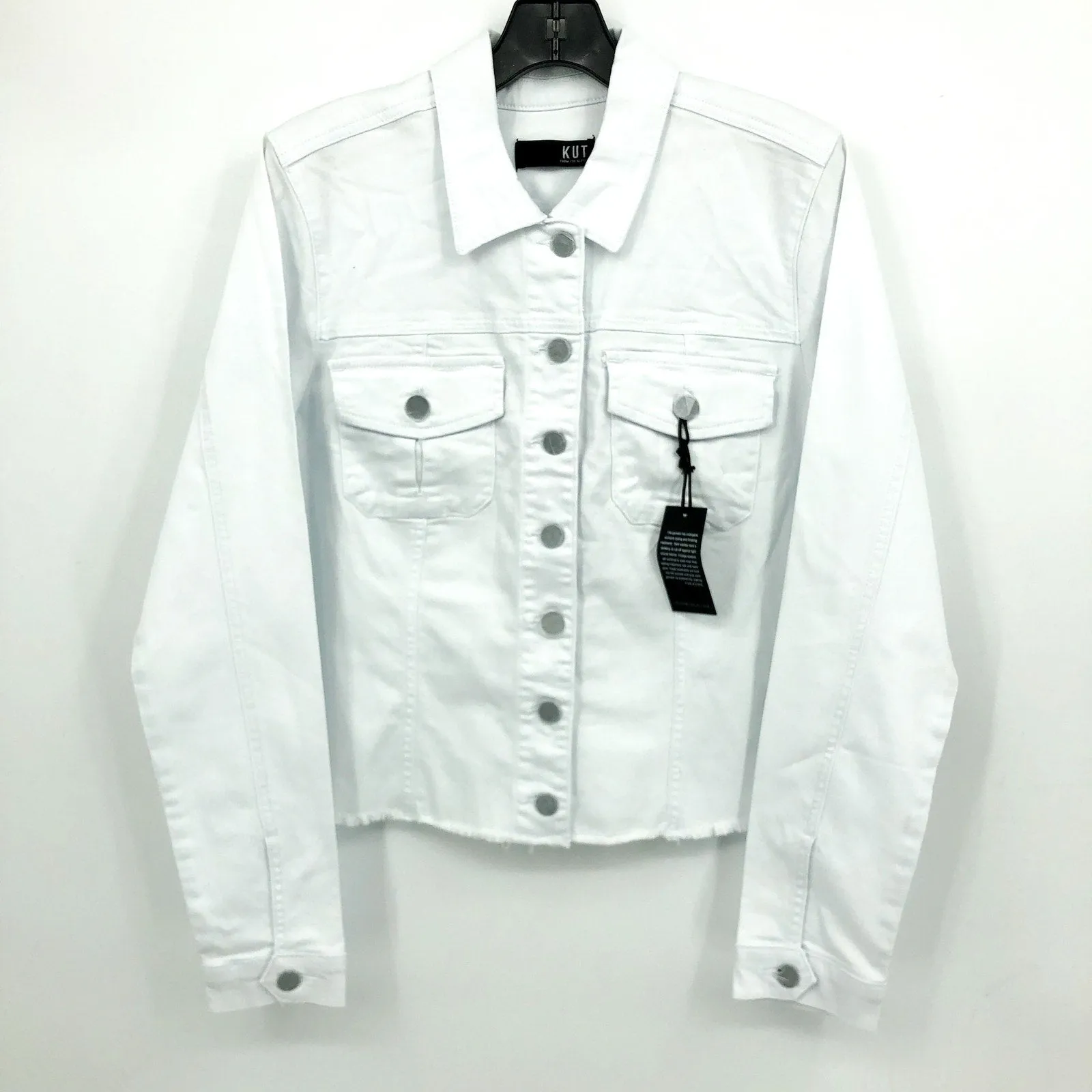 KUT FROM THE KLOTH Kara Frayed Denim Trucker Jacket XL Optic White Cropped NWT