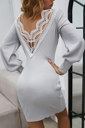 Lace Backless Puffy Sleeve Knit Dress