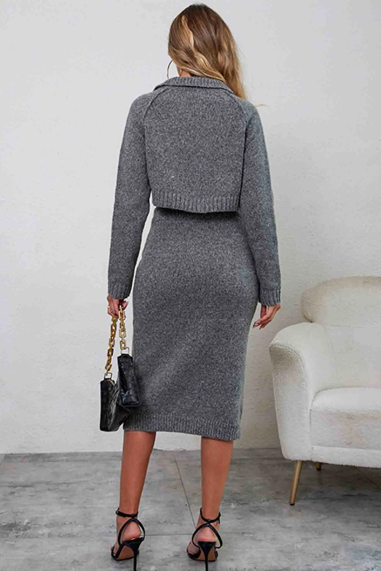 Lapel Long Sleeve Skirt Knit Set