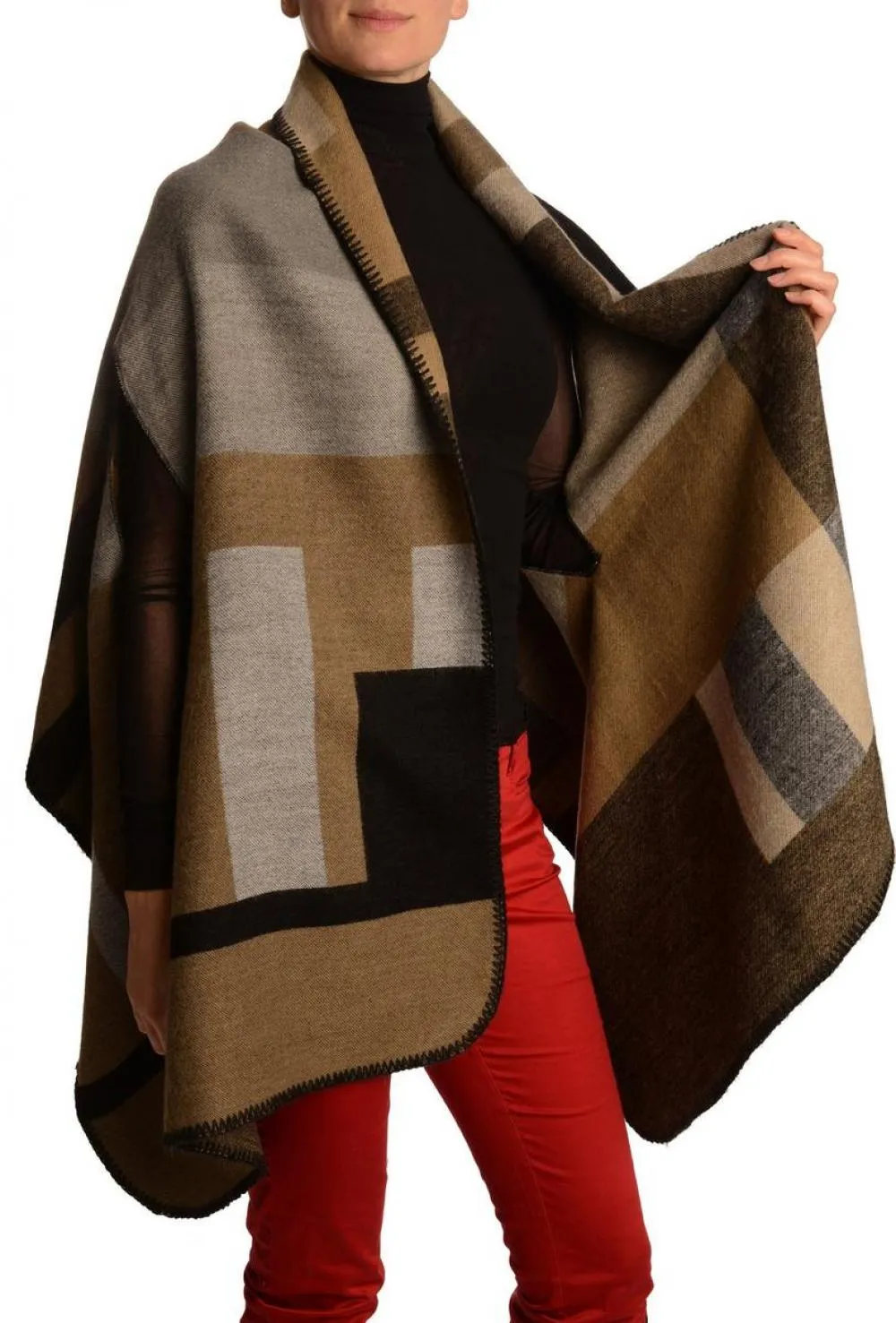 Large Grey, Beige & Black Colour Blocks Blanket Wrap (Poncho)