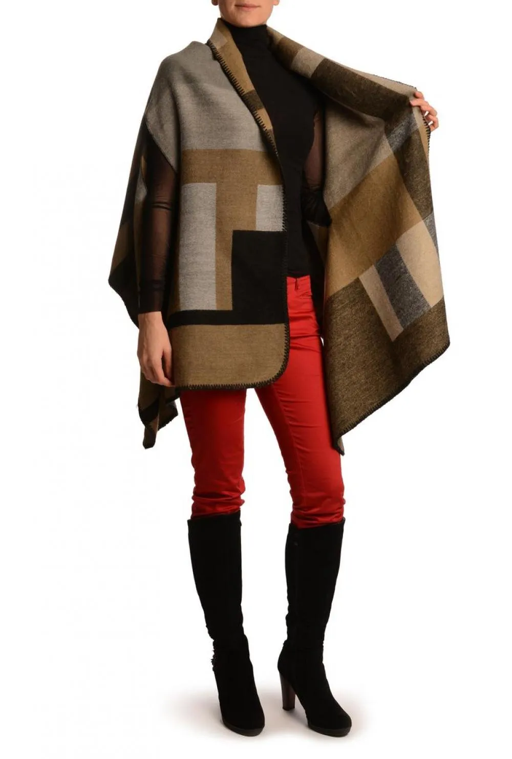 Large Grey, Beige & Black Colour Blocks Blanket Wrap (Poncho)