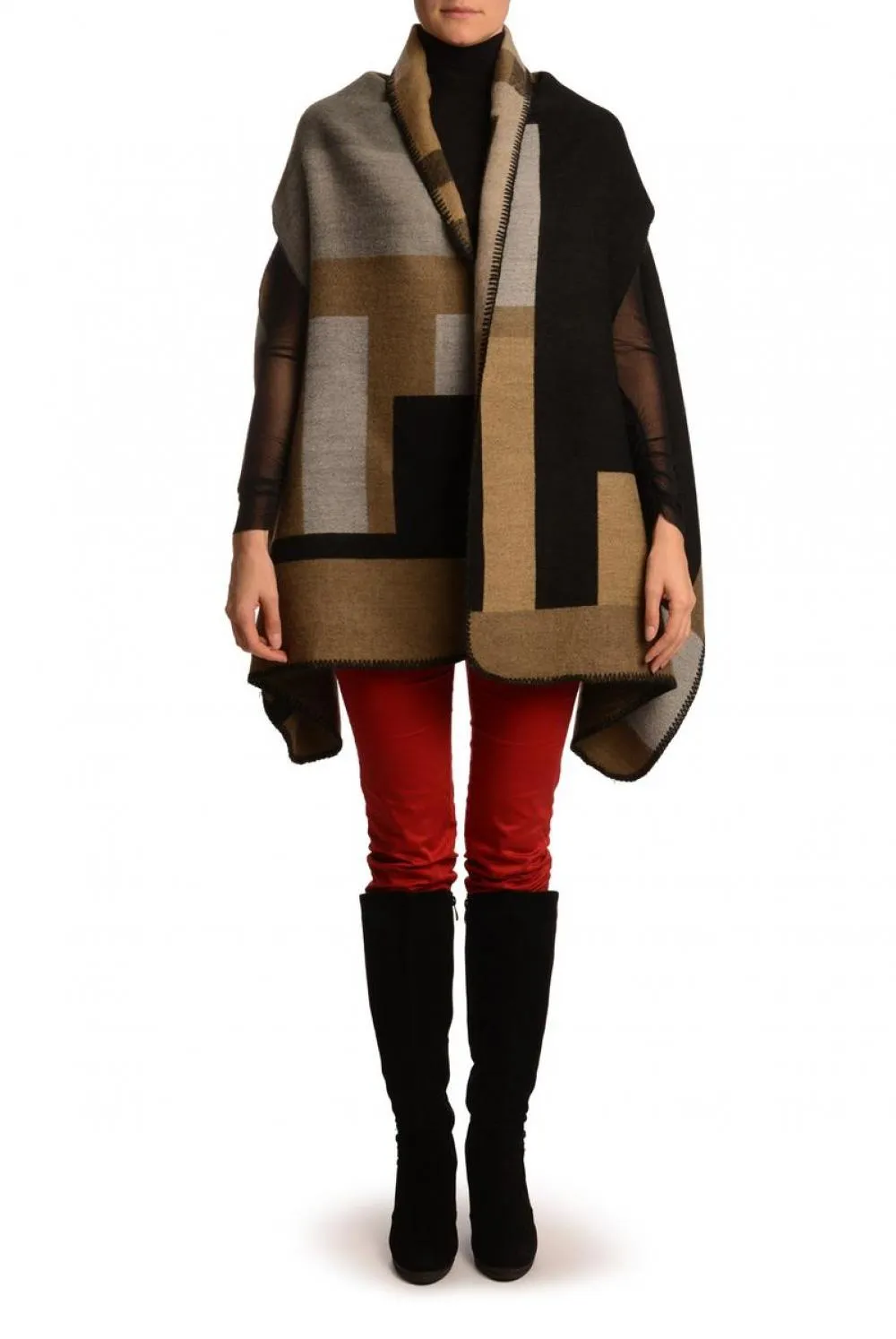 Large Grey, Beige & Black Colour Blocks Blanket Wrap (Poncho)