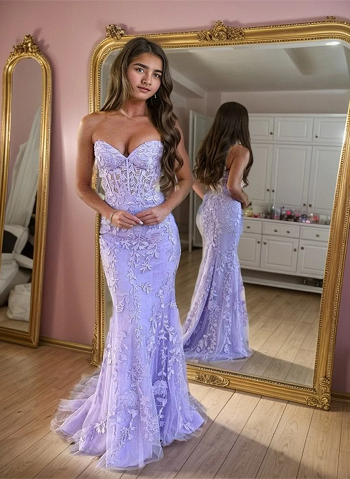 Lavender Lace Mermaid Sweetheart Long Party Dress, Lavender Lace Prom Dress