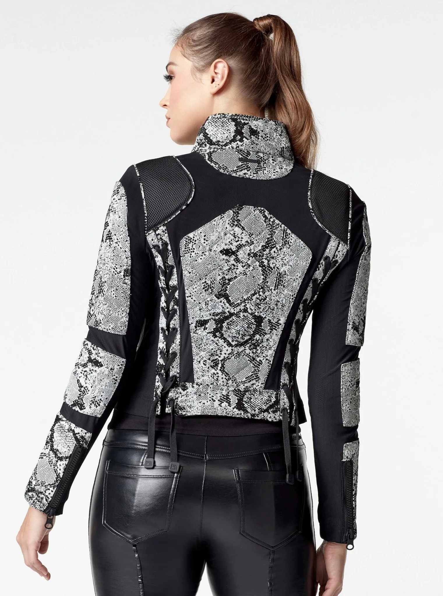 Leather Mesh Snake Moto Jacket Black