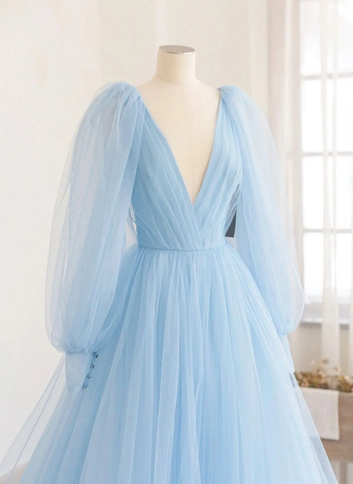 Light Blue Long Sleevest Long Formal Dress, Light Blue Evening Dress