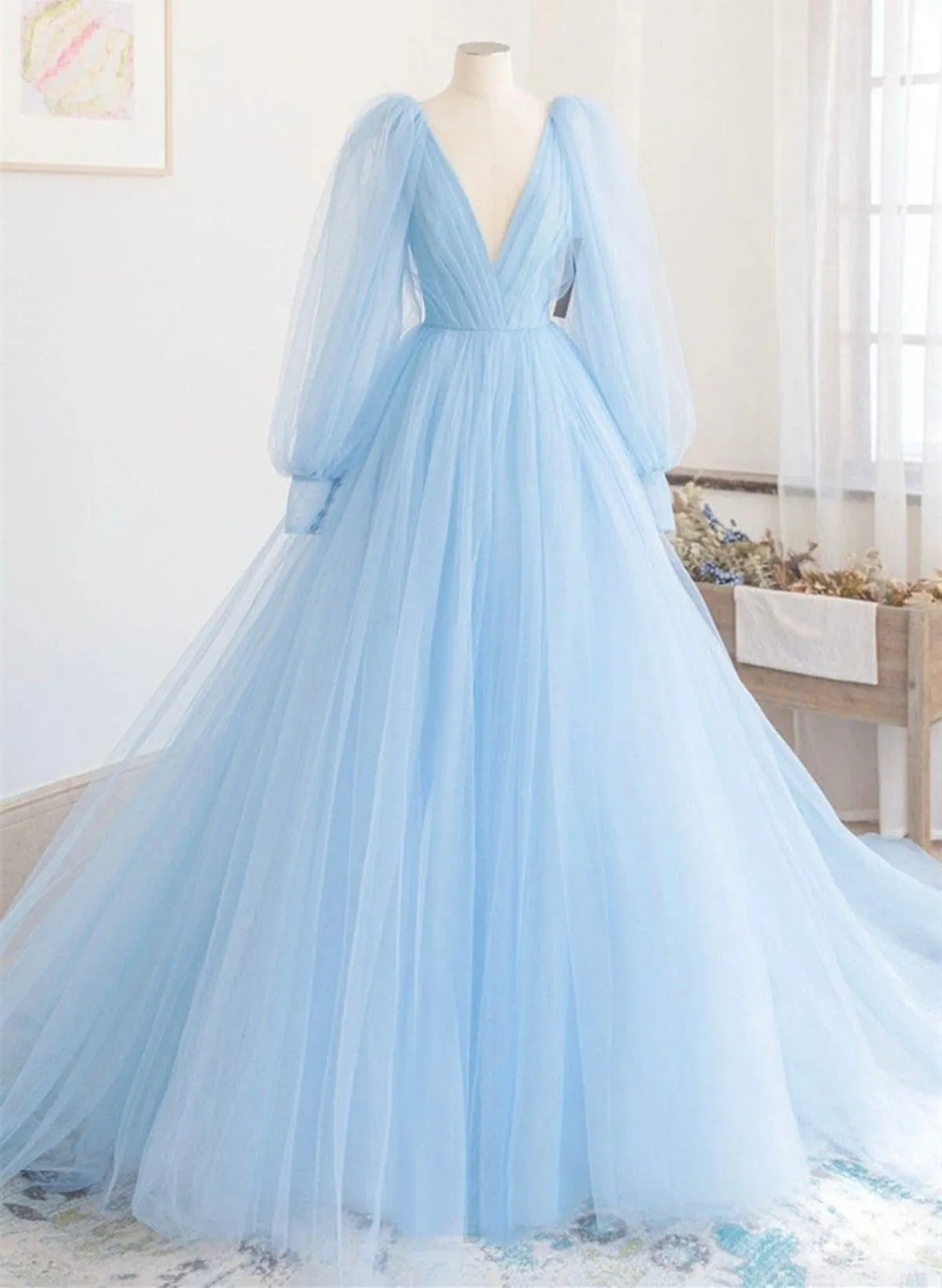 Light Blue Long Sleevest Long Formal Dress, Light Blue Evening Dress