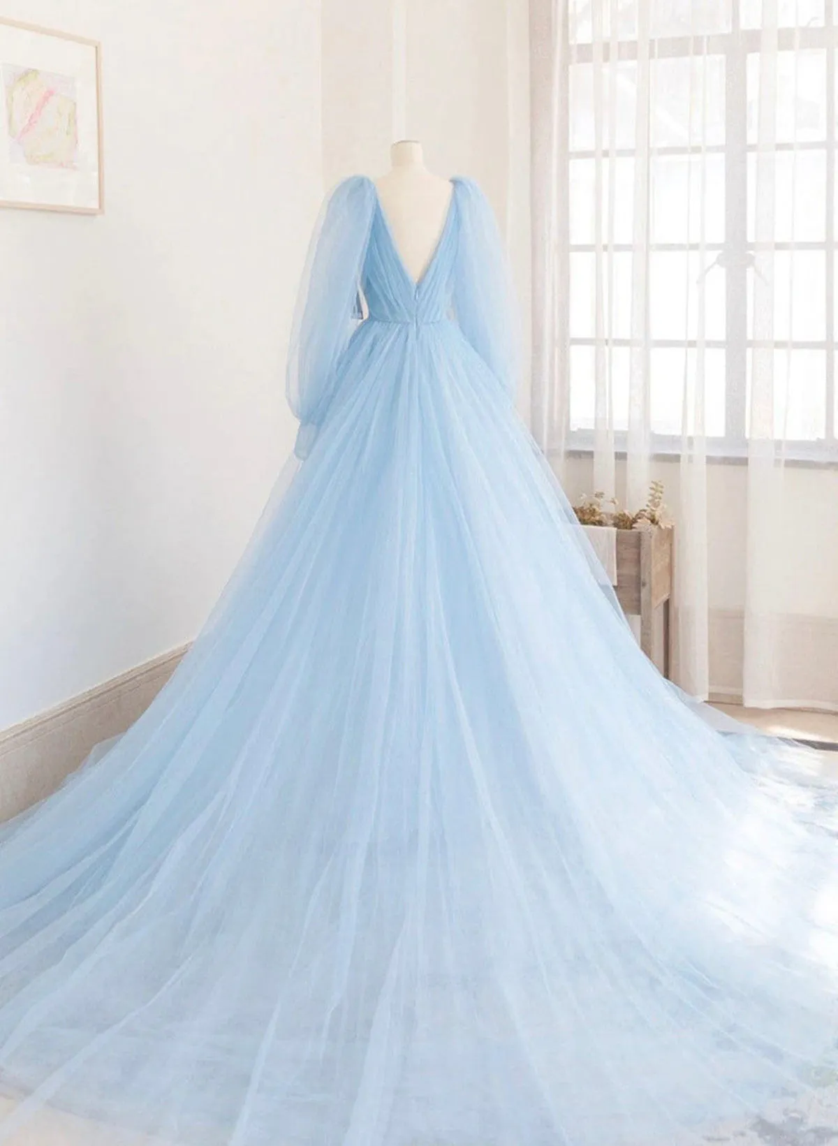 Light Blue Long Sleevest Long Formal Dress, Light Blue Evening Dress