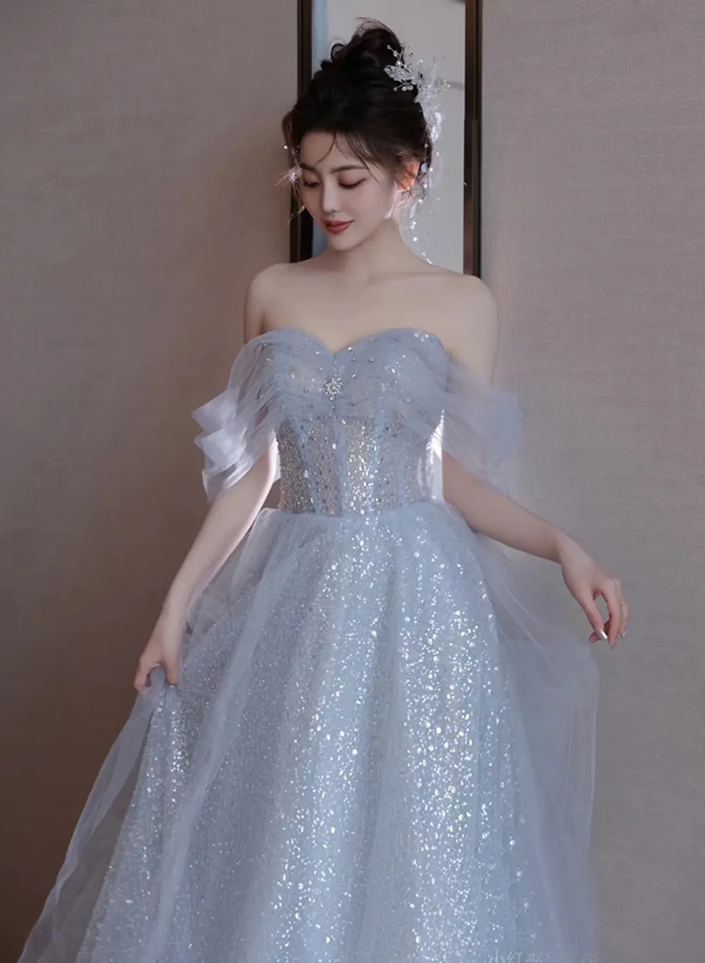 Light Blue Tulle Off Shoulder Beaded Party Dress, A-line Tulle Blue Formal Dress Prom Dress