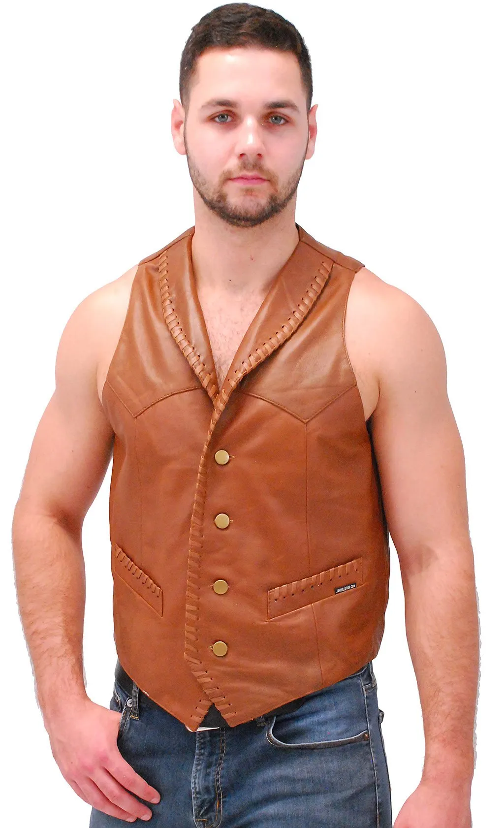 Light Brown Vintage Waxy Lambskin Western Whip Stitch Vest #VM2061WN ()