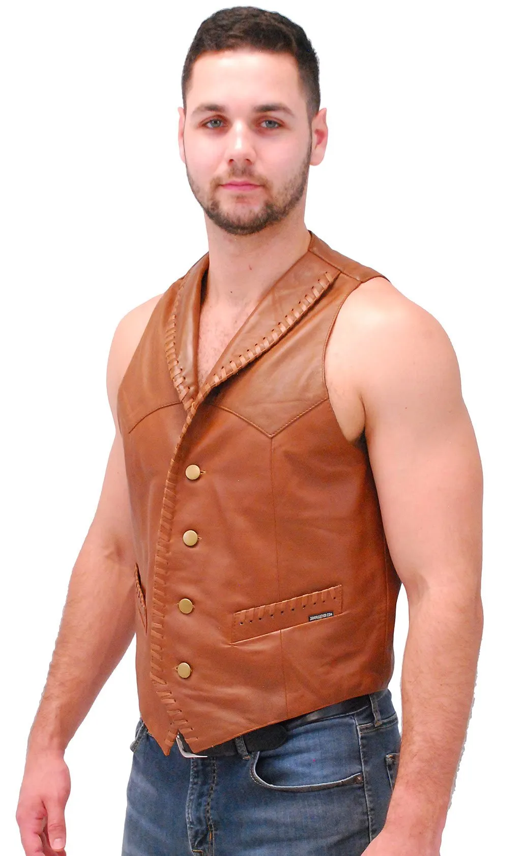 Light Brown Vintage Waxy Lambskin Western Whip Stitch Vest #VM2061WN ()