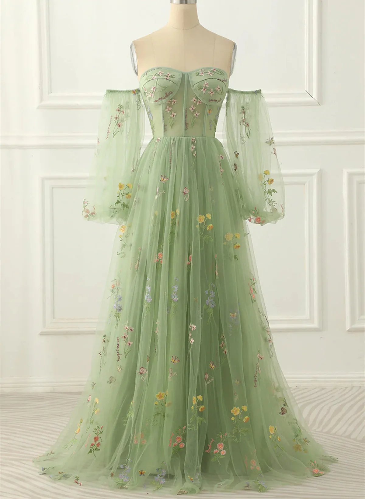 Light Green Tulle Floral Sleeves Long Party Dress, A-line Light Green Prom Dress