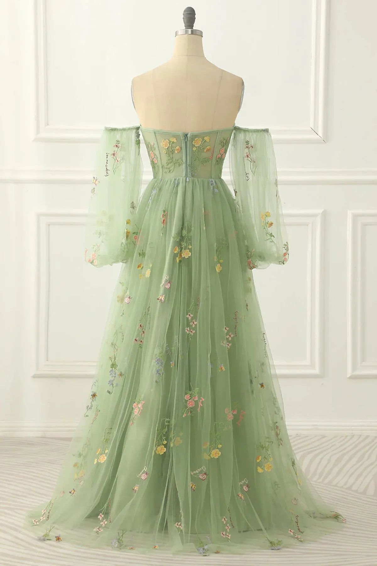 Light Green Tulle Floral Sleeves Long Party Dress, A-line Light Green Prom Dress