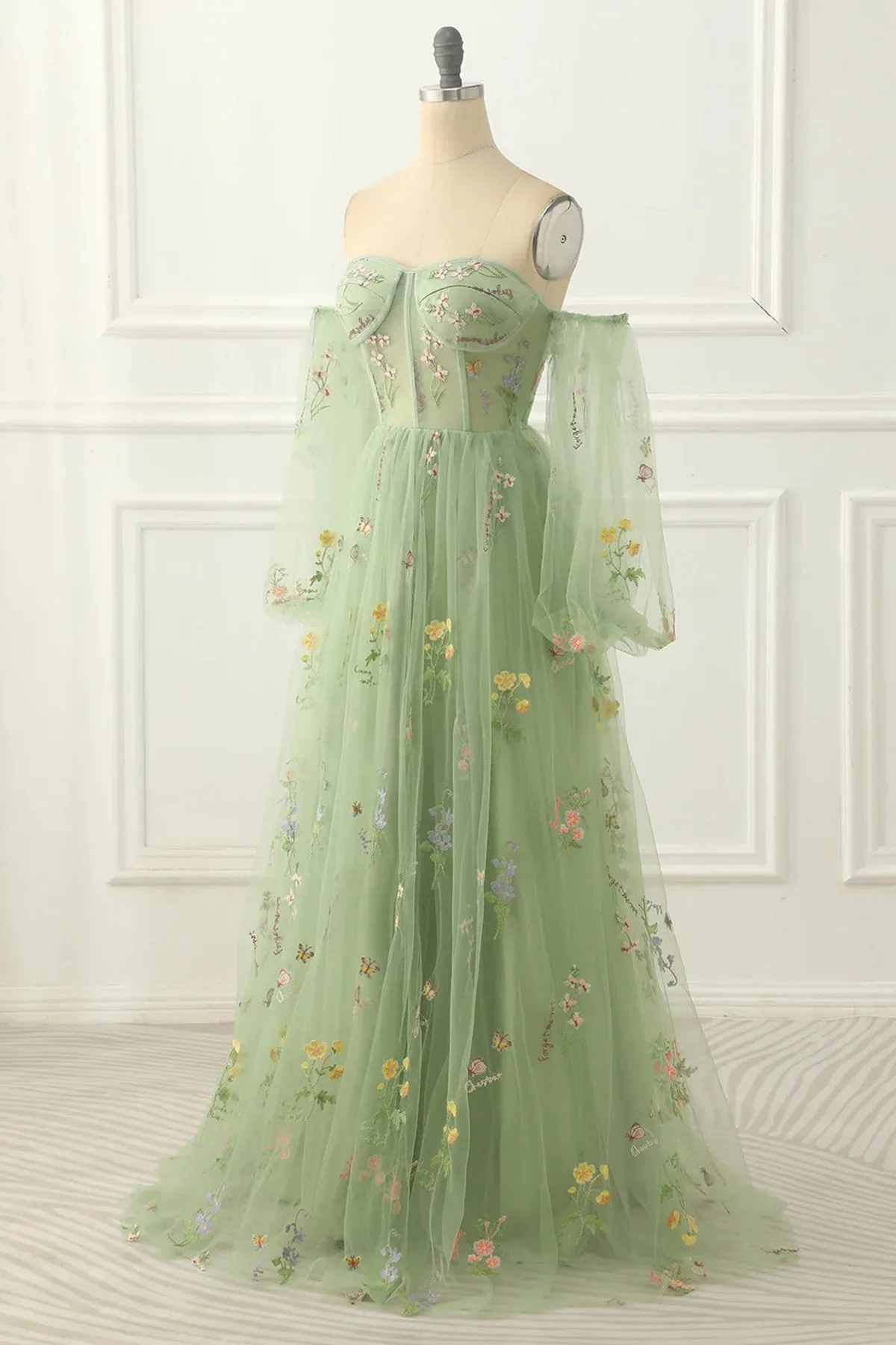 Light Green Tulle Floral Sleeves Long Party Dress, A-line Light Green Prom Dress