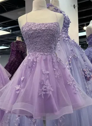 Light Purple Knee Length Party Dress, Light Purple Homecoming Dress with Lace