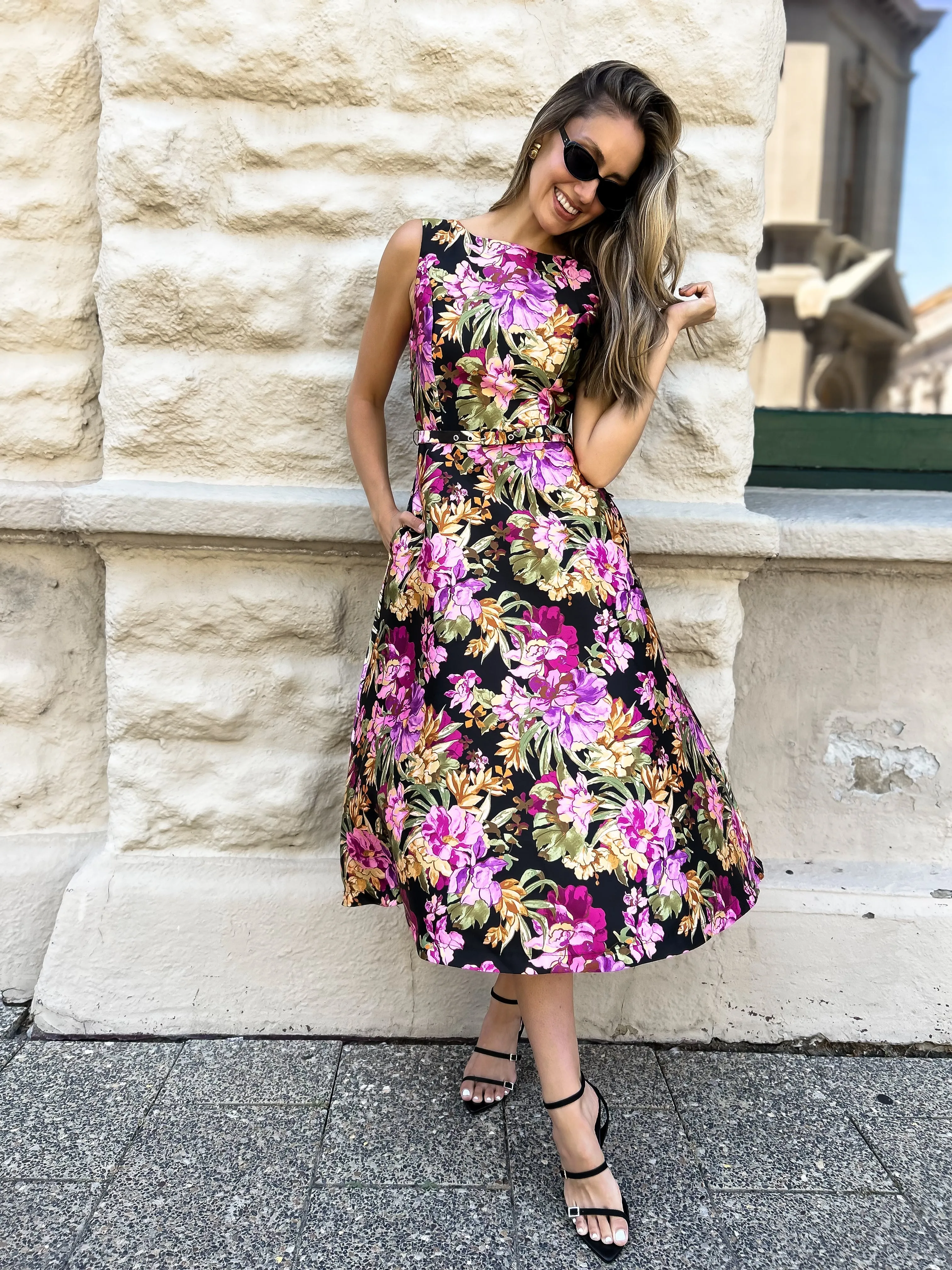 LOUISA Belted Midi Dress - Black Floral