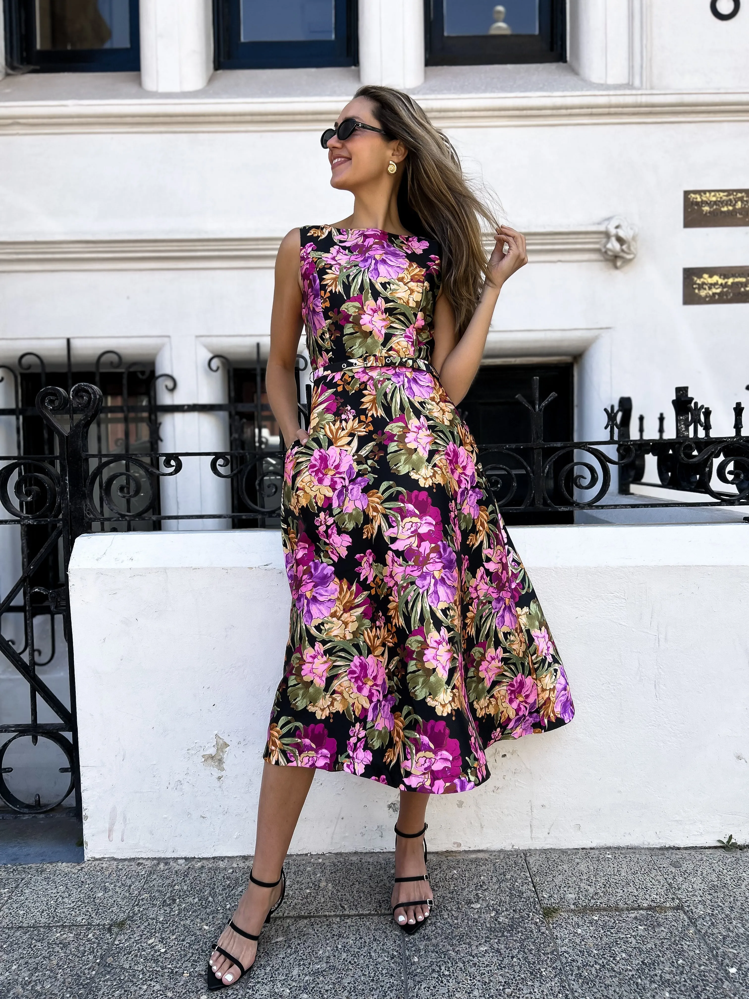 LOUISA Belted Midi Dress - Black Floral