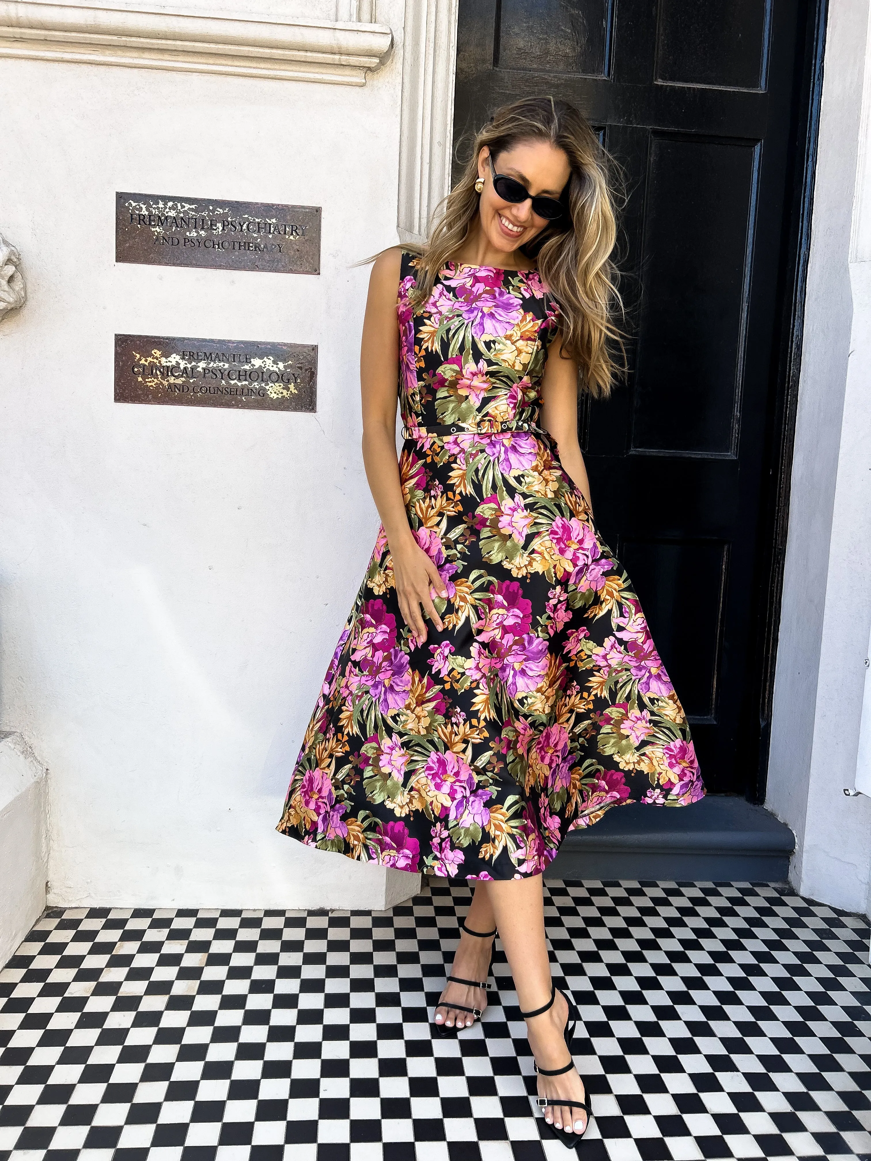 LOUISA Belted Midi Dress - Black Floral