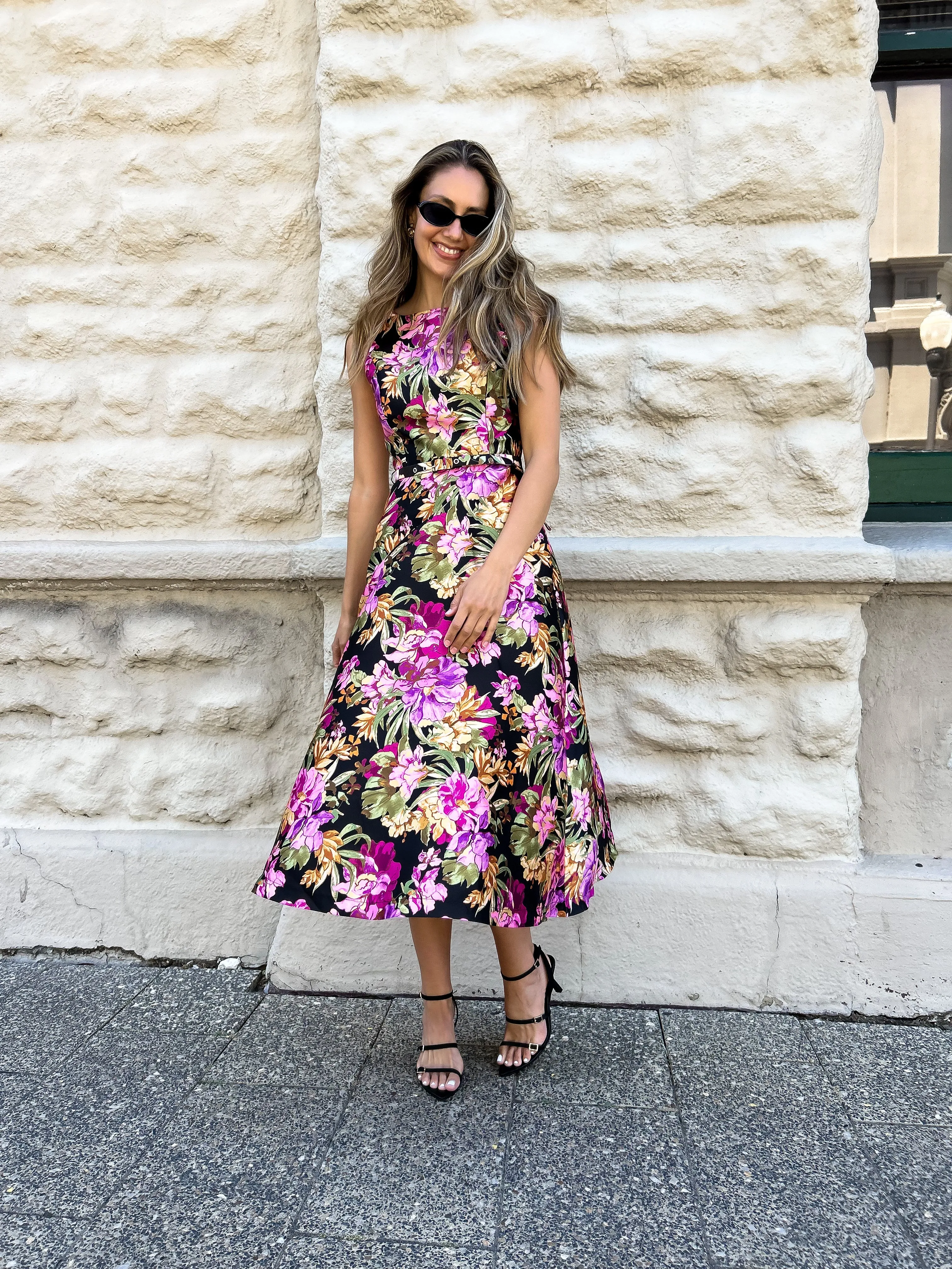 LOUISA Belted Midi Dress - Black Floral