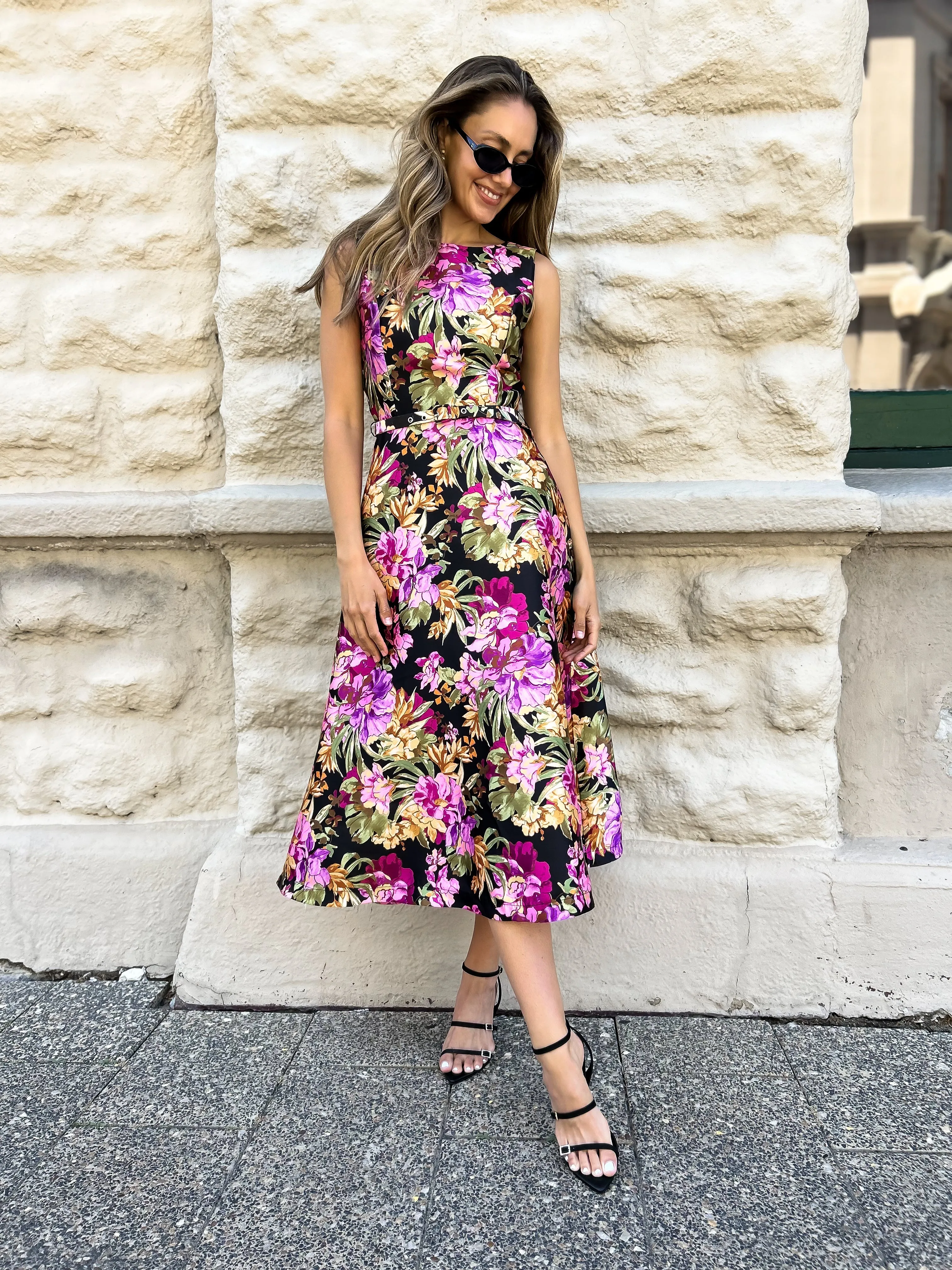 LOUISA Belted Midi Dress - Black Floral