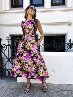 LOUISA Belted Midi Dress - Black Floral