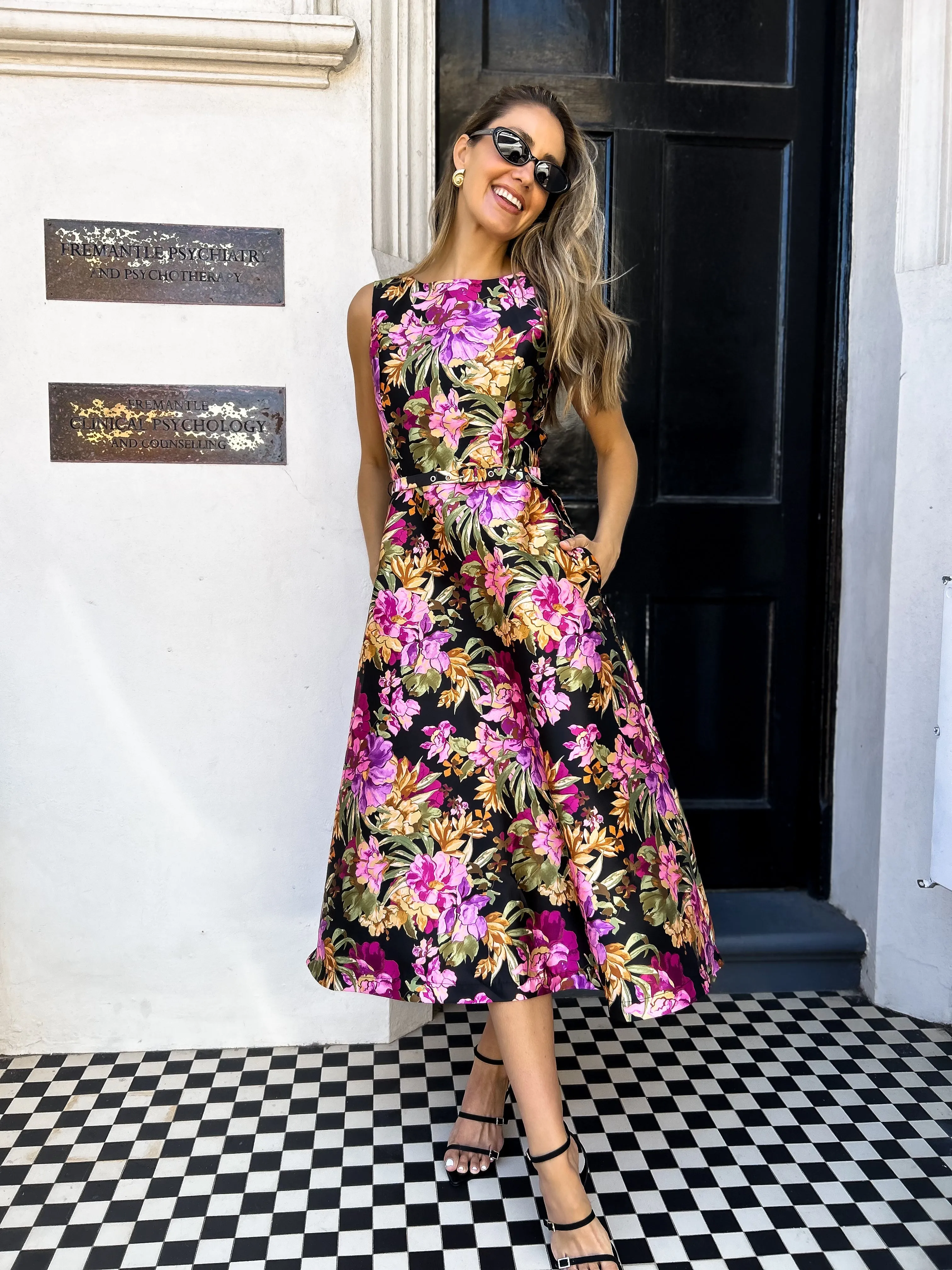 LOUISA Belted Midi Dress - Black Floral