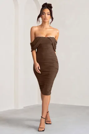 Love Me | Chocolate Off The Shoulders Ruched Midi Dress