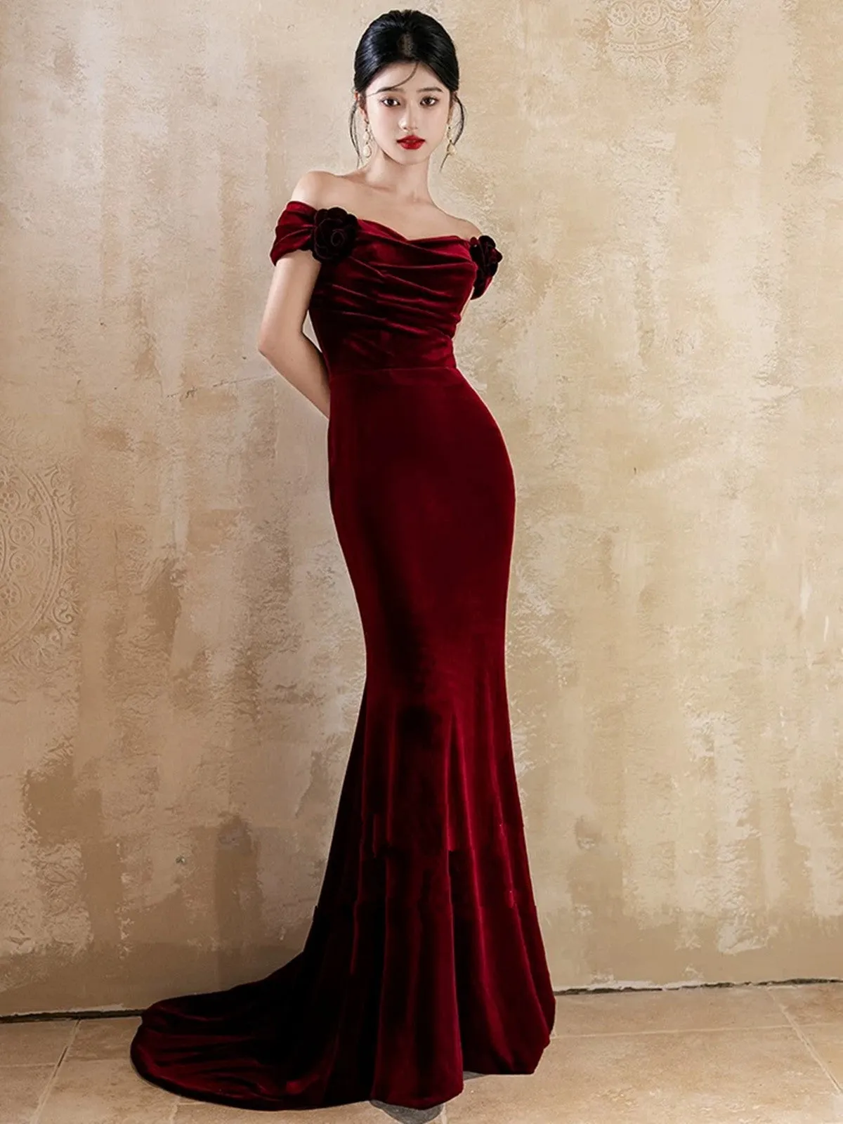 Lovely Velvet Mermaid Off Shoulder Long Prom Dress, Wine Red Wedding Party Dress