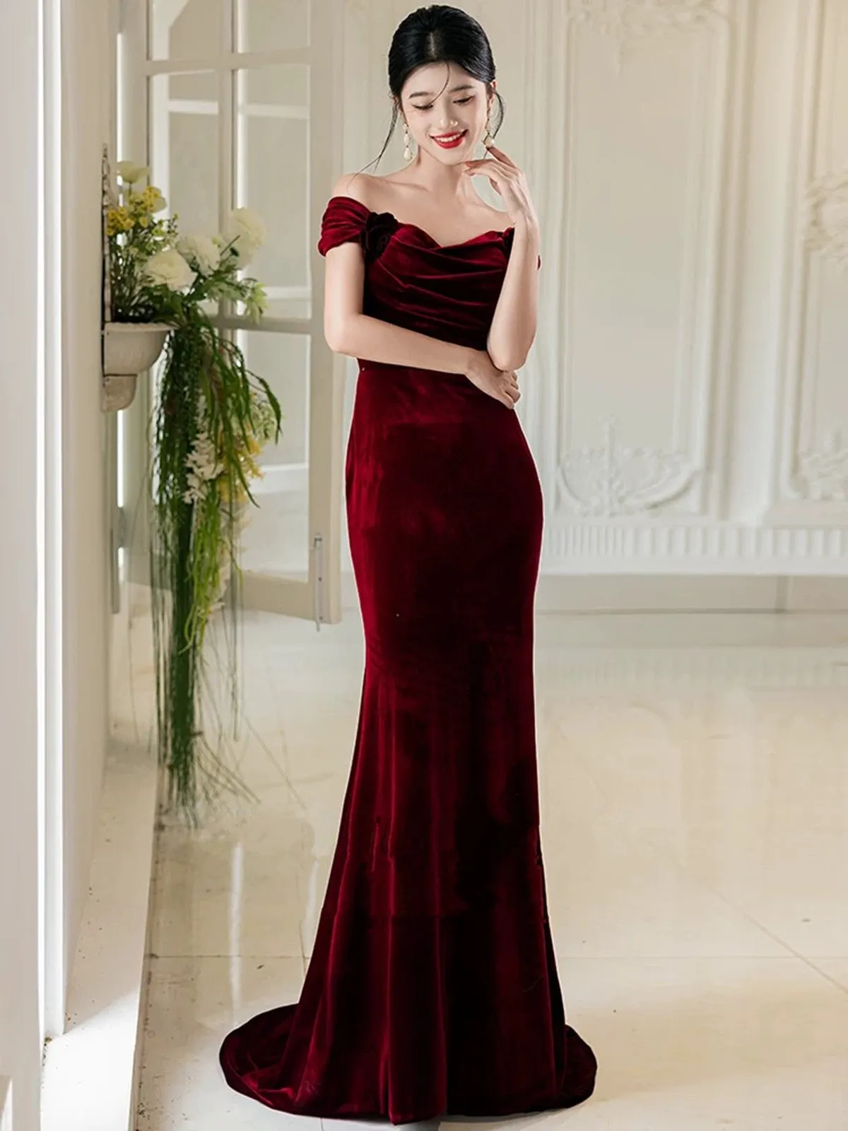 Lovely Velvet Mermaid Off Shoulder Long Prom Dress, Wine Red Wedding Party Dress