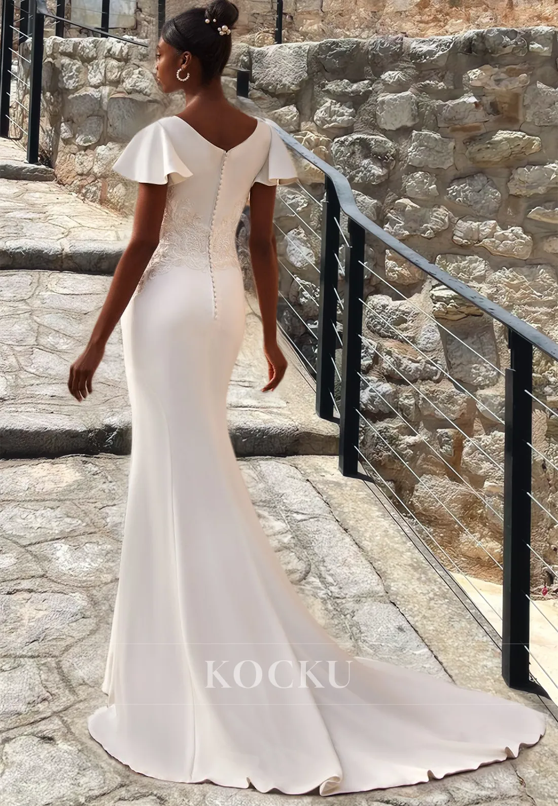 Low V-Neck Mermaid Short Sleeves Train Satin Beach Wedding Dress with Appliques Boho Gowns