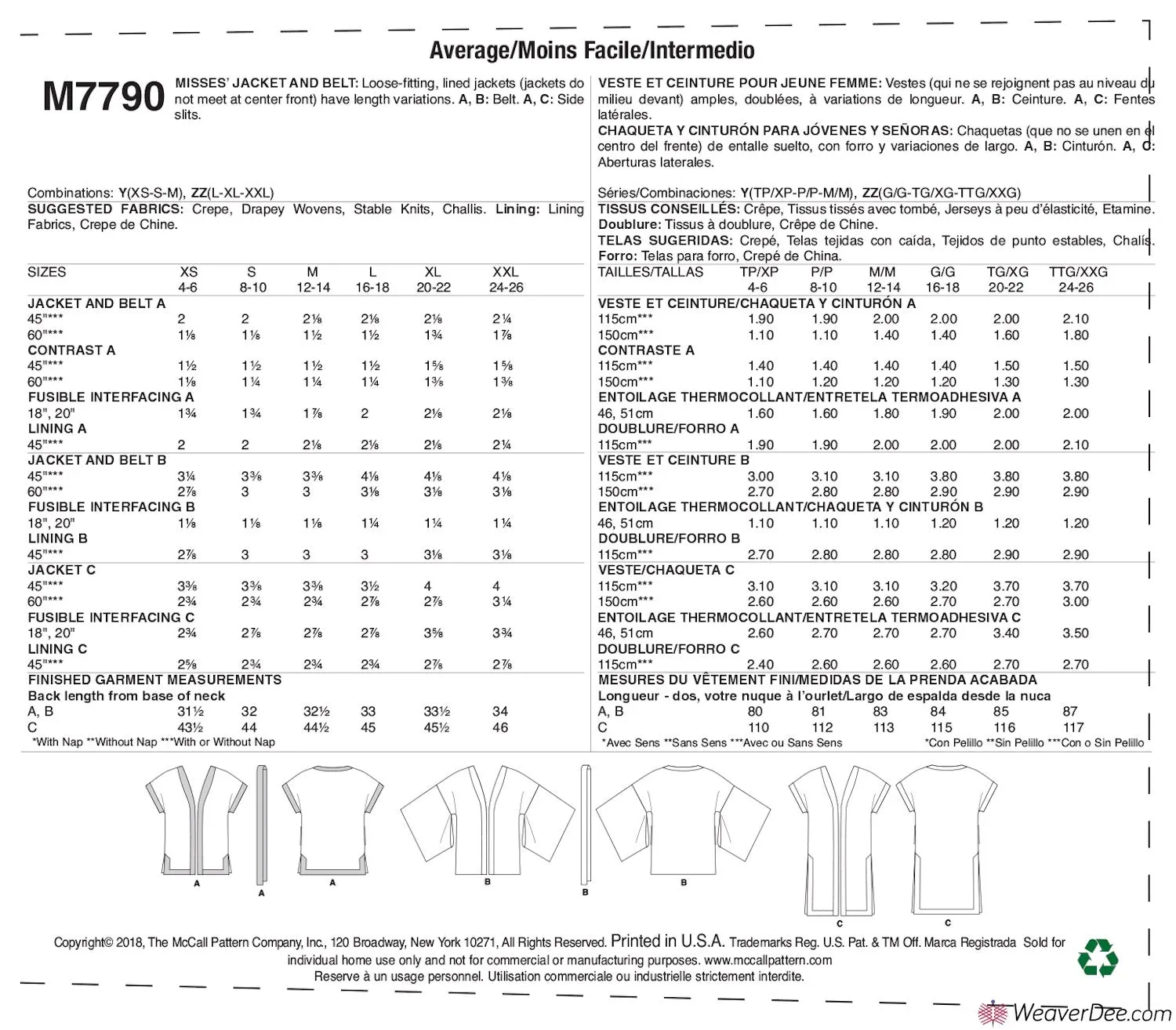 McCall's Pattern M7790 Misses' Kimono Jacket & Belt