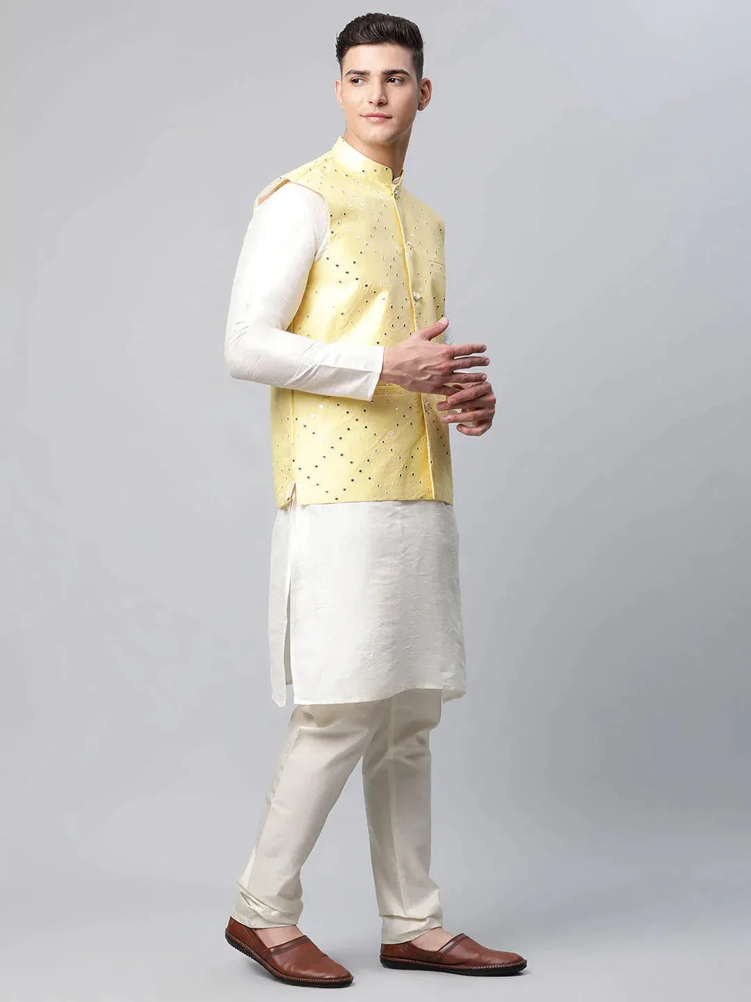 Men Dupion Silk Kurta Pyjama With Yellow Mirror Work Nehru Jacket