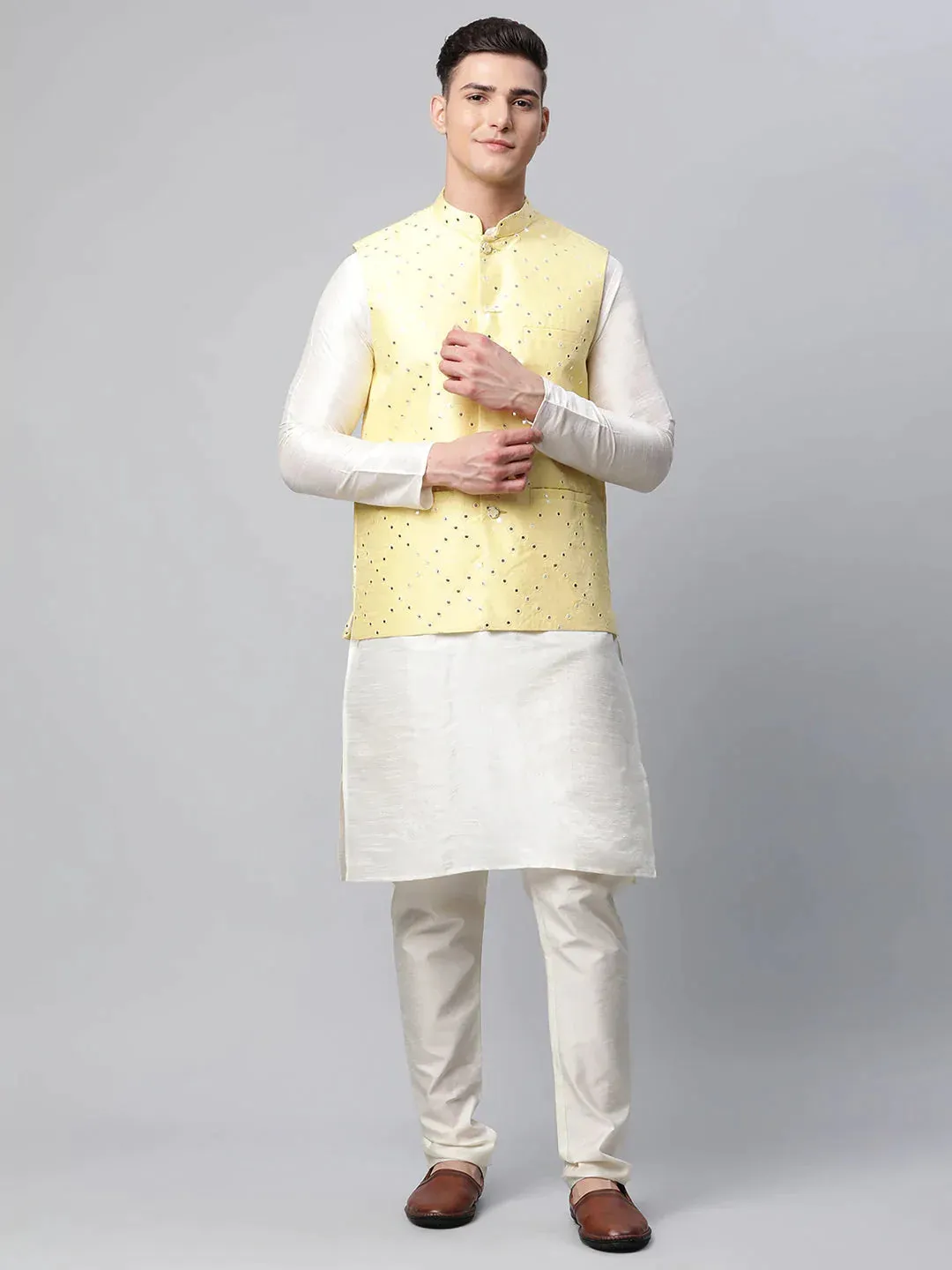 Men Dupion Silk Kurta Pyjama With Yellow Mirror Work Nehru Jacket