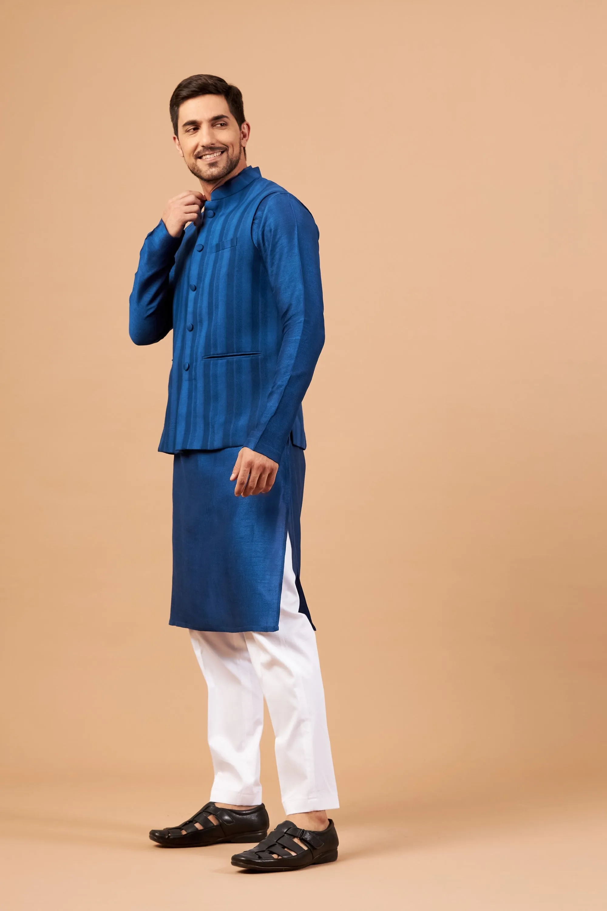 Men's Blue Color Nehru Jacket With Kurta Pant Set - Hilo Design